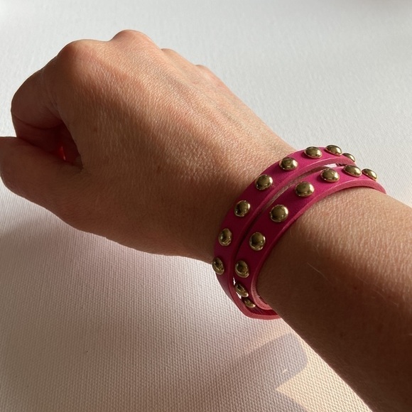 Leather Studded Wrap Bracelets Pink Black - Picture 4 of 10